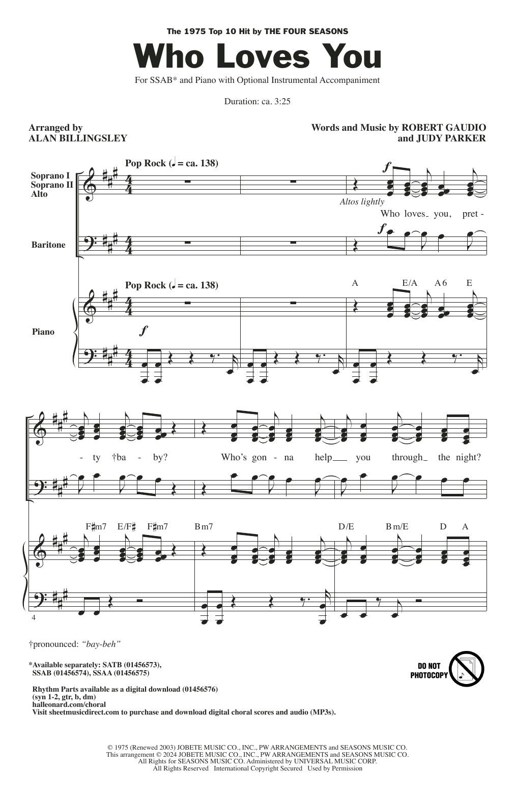 The Four Seasons Who Loves You (arr. Alan Billingsley) Sheet Music Notes & Chords for SSAA Choir - Download or Print PDF