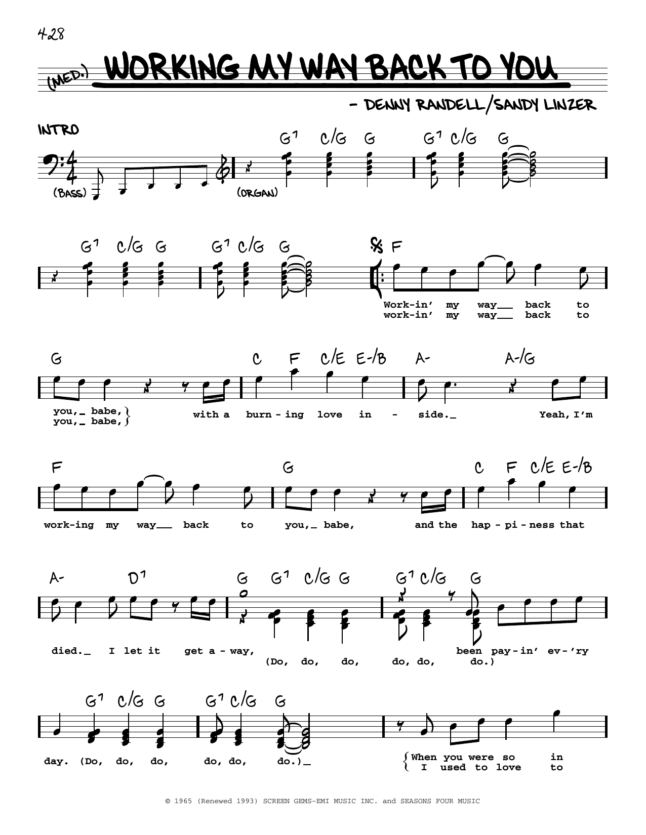 The Four Seasons Workin' My Way Back To You Sheet Music Notes & Chords for Real Book – Melody, Lyrics & Chords - Download or Print PDF