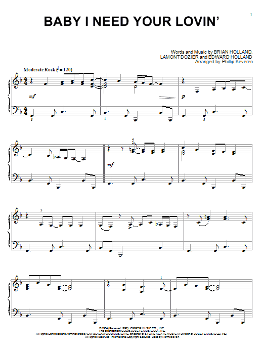The Four Tops Baby I Need Your Lovin' Sheet Music Notes & Chords for Piano - Download or Print PDF