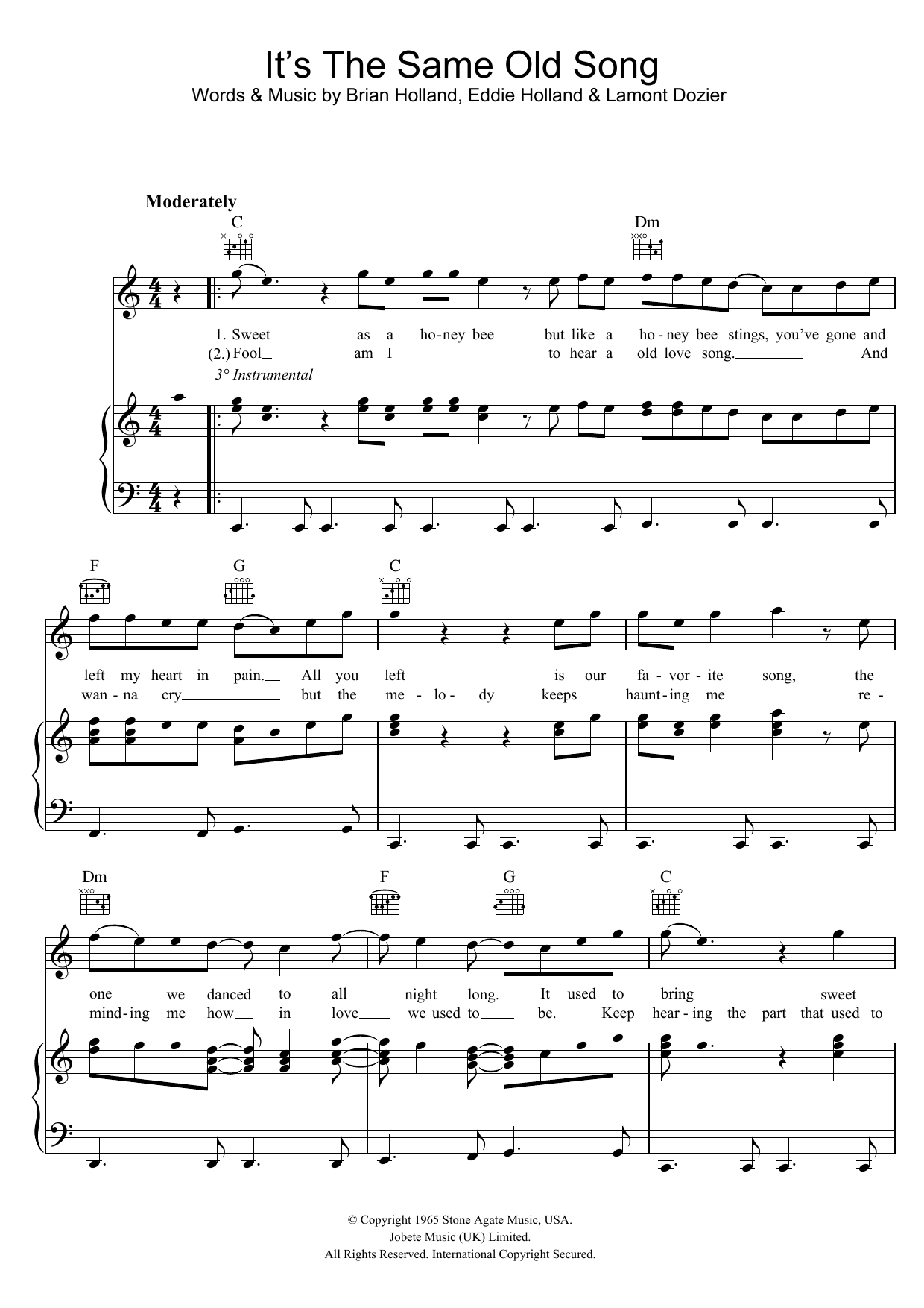 The Four Tops It's The Same Old Song Sheet Music Notes & Chords for Piano, Vocal & Guitar (Right-Hand Melody) - Download or Print PDF
