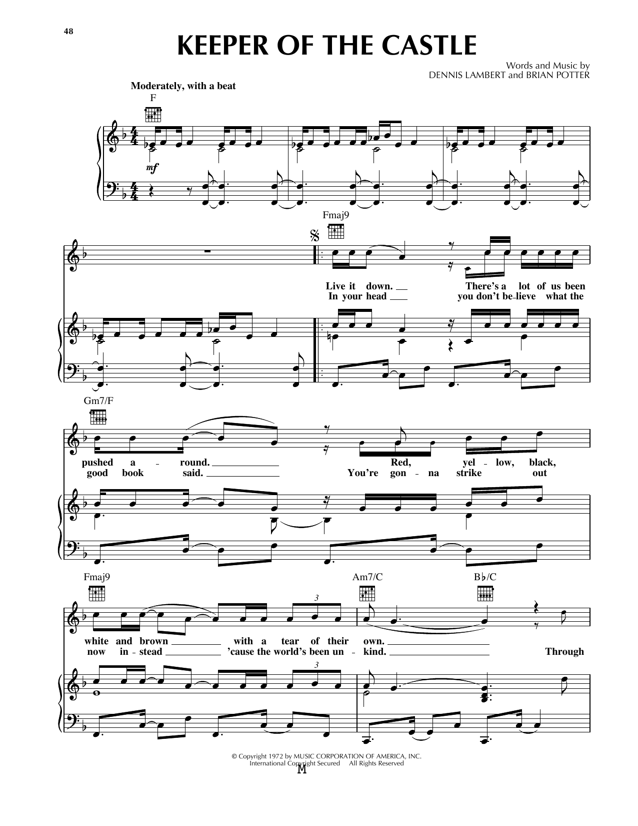 The Four Tops Keeper Of The Castle Sheet Music Notes & Chords for Piano, Vocal & Guitar (Right-Hand Melody) - Download or Print PDF