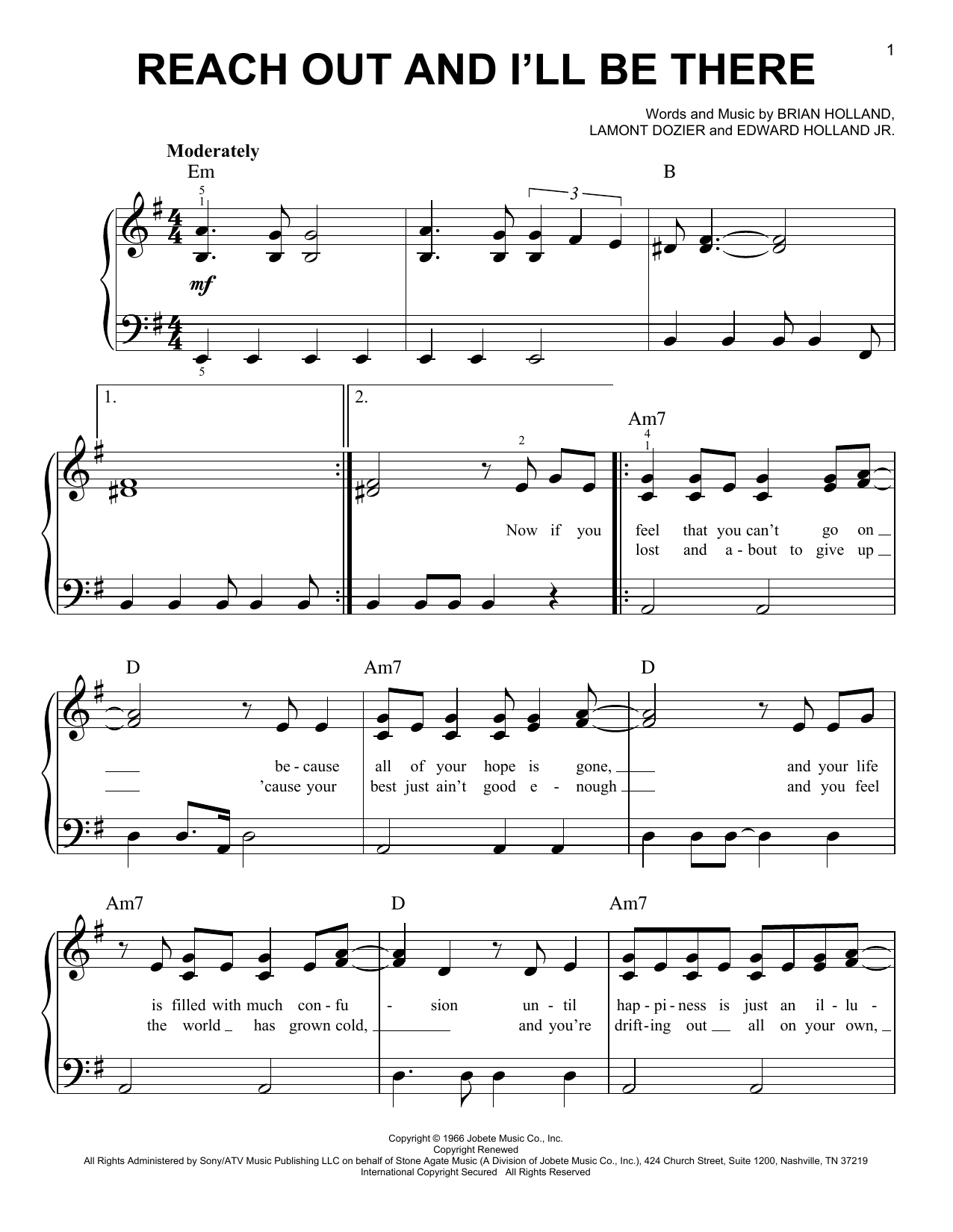 The Four Tops Reach Out And I'll Be There Sheet Music Notes & Chords for Easy Piano - Download or Print PDF