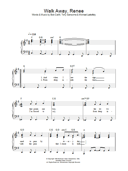 The Four Tops Walk Away, Renee Sheet Music Notes & Chords for Guitar Chords/Lyrics - Download or Print PDF