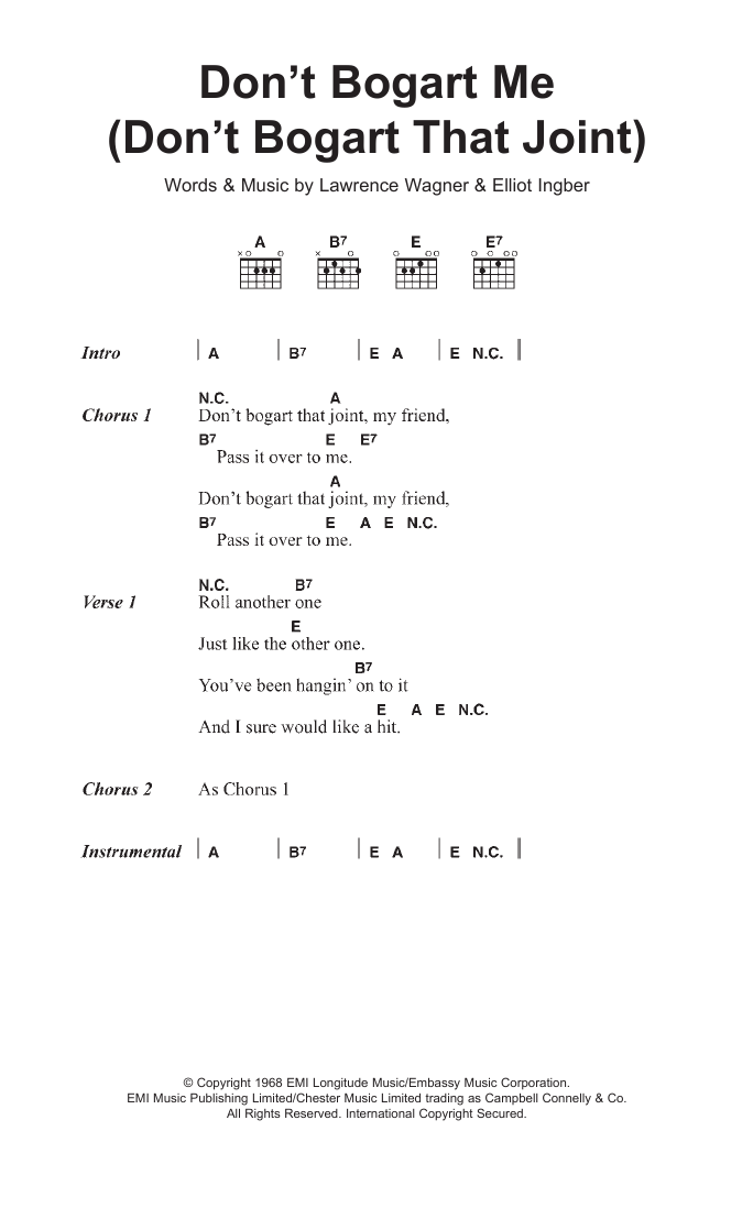 The Fraternity Of Man Don't Bogart Me Sheet Music Notes & Chords for Lyrics & Chords - Download or Print PDF