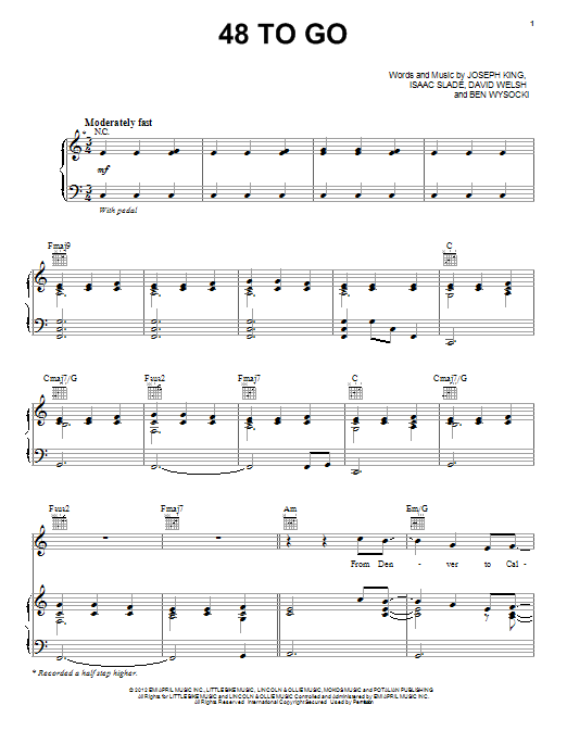 The Fray 48 To Go Sheet Music Notes & Chords for Piano, Vocal & Guitar (Right-Hand Melody) - Download or Print PDF