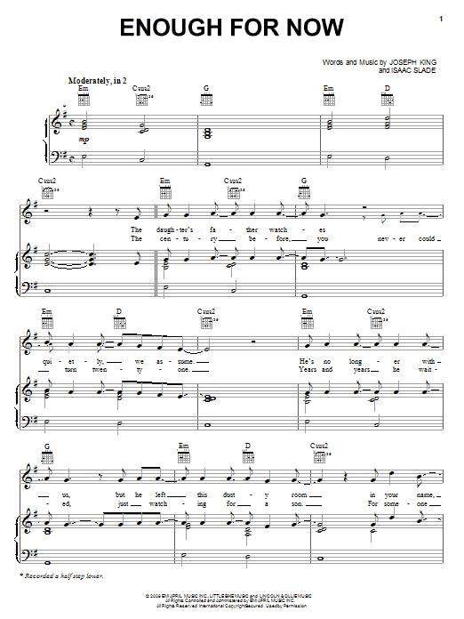 The Fray Enough For Now Sheet Music Notes & Chords for Piano, Vocal & Guitar (Right-Hand Melody) - Download or Print PDF