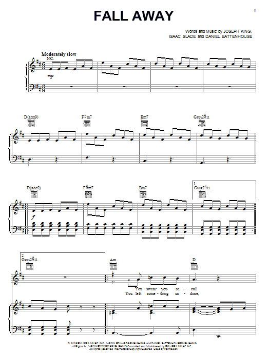 The Fray Fall Away Sheet Music Notes & Chords for Piano, Vocal & Guitar (Right-Hand Melody) - Download or Print PDF