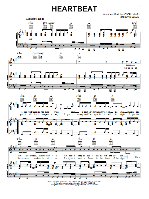 The Fray Heartbeat Sheet Music Notes & Chords for Piano, Vocal & Guitar (Right-Hand Melody) - Download or Print PDF