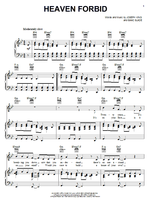 The Fray Heaven Forbid Sheet Music Notes & Chords for Piano, Vocal & Guitar (Right-Hand Melody) - Download or Print PDF