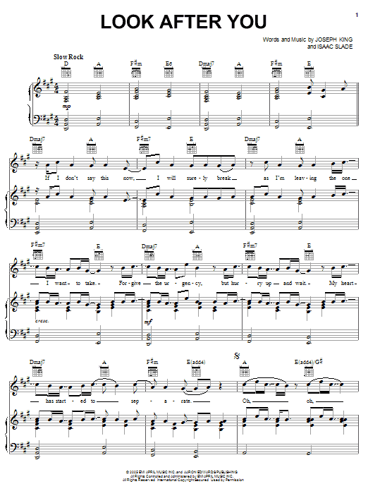 The Fray Look After You Sheet Music Notes & Chords for Piano, Vocal & Guitar (Right-Hand Melody) - Download or Print PDF