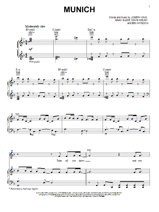 The Fray Munich Sheet Music Notes & Chords for Piano, Vocal & Guitar (Right-Hand Melody) - Download or Print PDF