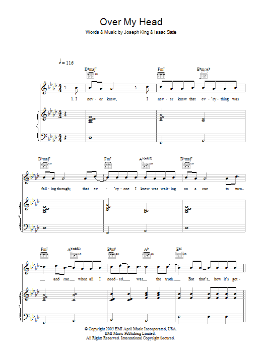The Fray Over My Head (Cable Car) Sheet Music Notes & Chords for Lyrics & Chords - Download or Print PDF