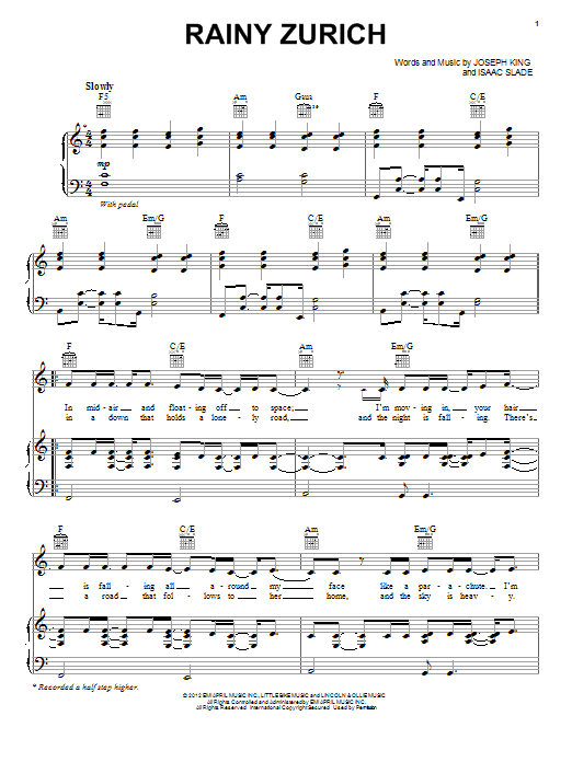 The Fray Rainy Zurich Sheet Music Notes & Chords for Piano, Vocal & Guitar (Right-Hand Melody) - Download or Print PDF