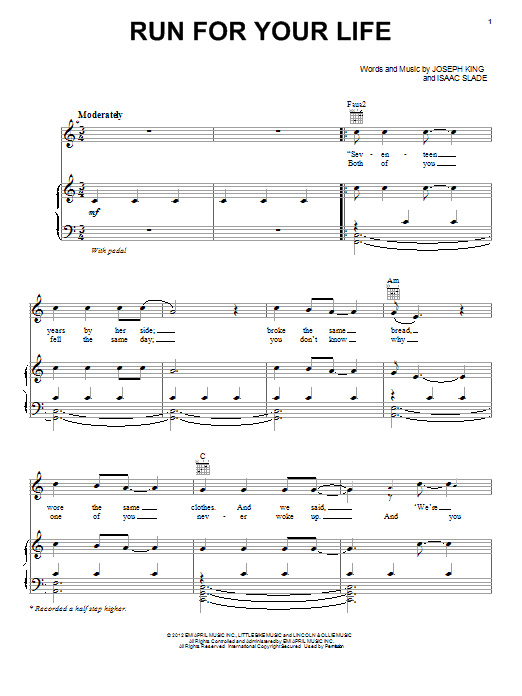 The Fray Run For Your Life Sheet Music Notes & Chords for Piano, Vocal & Guitar (Right-Hand Melody) - Download or Print PDF