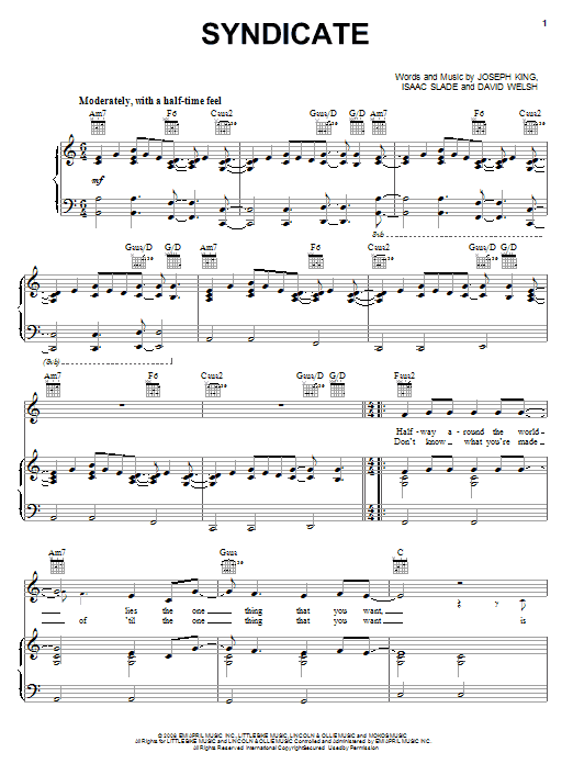 The Fray Syndicate Sheet Music Notes & Chords for Piano, Vocal & Guitar (Right-Hand Melody) - Download or Print PDF