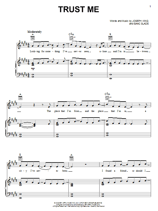 The Fray Trust Me Sheet Music Notes & Chords for Piano, Vocal & Guitar (Right-Hand Melody) - Download or Print PDF