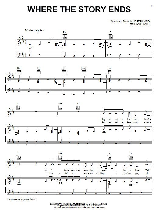 The Fray Where The Story Ends Sheet Music Notes & Chords for Piano, Vocal & Guitar (Right-Hand Melody) - Download or Print PDF