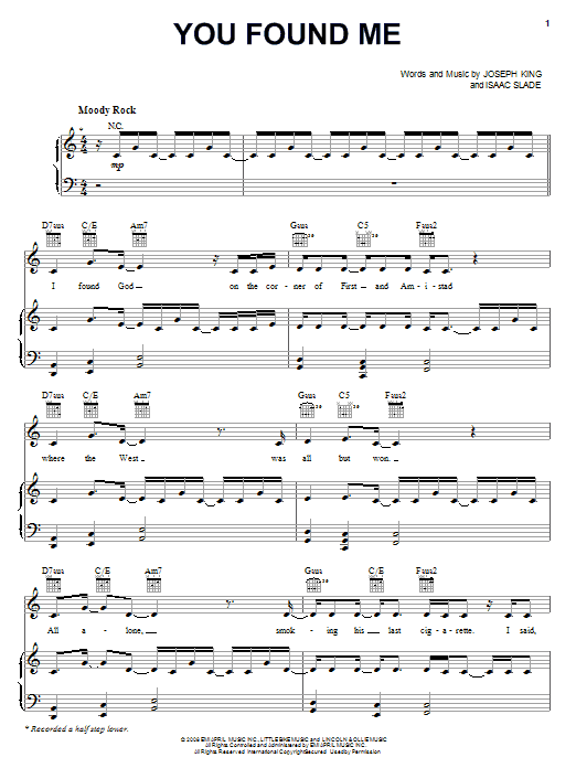 The Fray You Found Me Sheet Music Notes & Chords for Piano, Vocal & Guitar (Right-Hand Melody) - Download or Print PDF