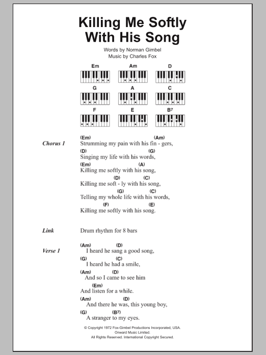 The Fugees Killing Me Softly With His Song Sheet Music Notes & Chords for Lyrics & Piano Chords - Download or Print PDF