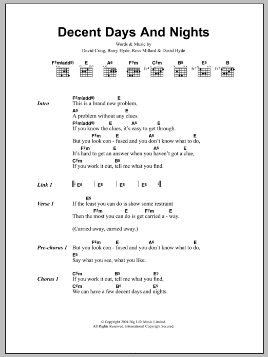 The Futureheads Decent Days And Nights Sheet Music Notes & Chords for Lyrics & Chords - Download or Print PDF