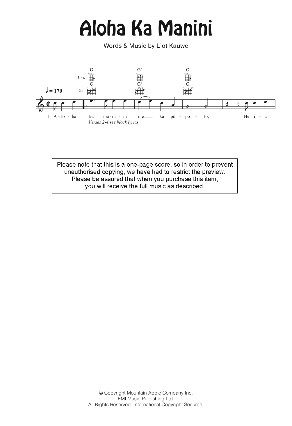 The Gabby Pahinui Hawaiian Band Aloha Ka Manini Sheet Music Notes & Chords for Ukulele - Download or Print PDF