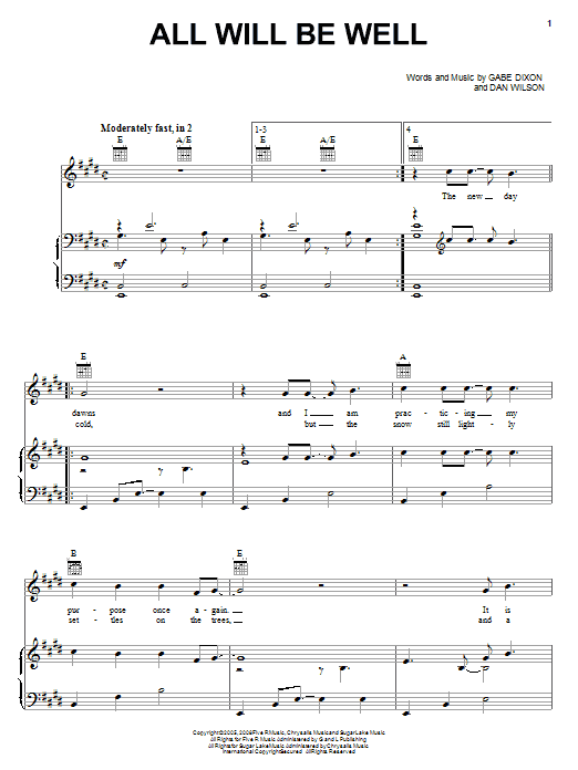 The Gabe Dixon Band All Will Be Well Sheet Music Notes & Chords for Piano, Vocal & Guitar (Right-Hand Melody) - Download or Print PDF