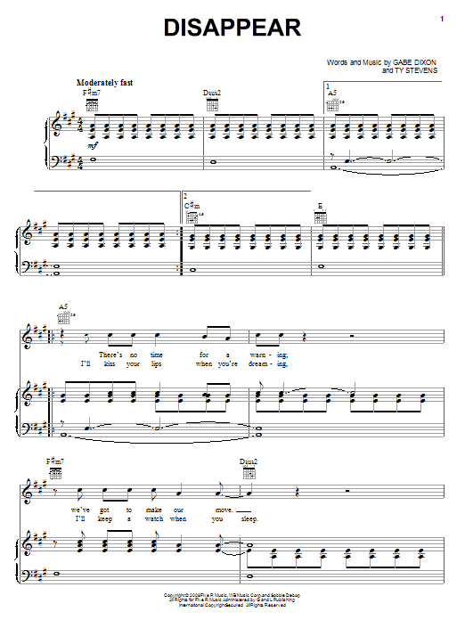 The Gabe Dixon Band Disappear Sheet Music Notes & Chords for Piano, Vocal & Guitar (Right-Hand Melody) - Download or Print PDF