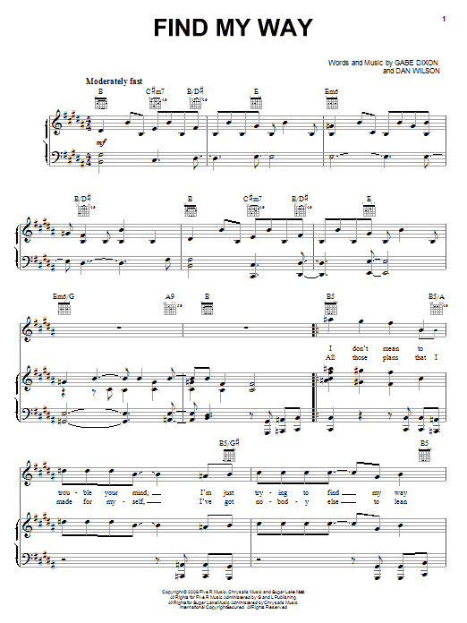 The Gabe Dixon Band Find My Way Sheet Music Notes & Chords for Piano, Vocal & Guitar (Right-Hand Melody) - Download or Print PDF