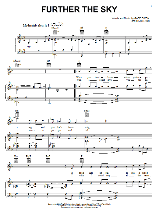 The Gabe Dixon Band Further The Sky Sheet Music Notes & Chords for Piano, Vocal & Guitar (Right-Hand Melody) - Download or Print PDF