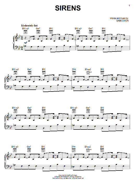 The Gabe Dixon Band Sirens Sheet Music Notes & Chords for Piano, Vocal & Guitar (Right-Hand Melody) - Download or Print PDF