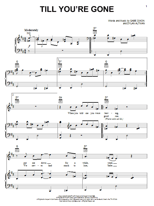 The Gabe Dixon Band Till You're Gone Sheet Music Notes & Chords for Piano, Vocal & Guitar (Right-Hand Melody) - Download or Print PDF