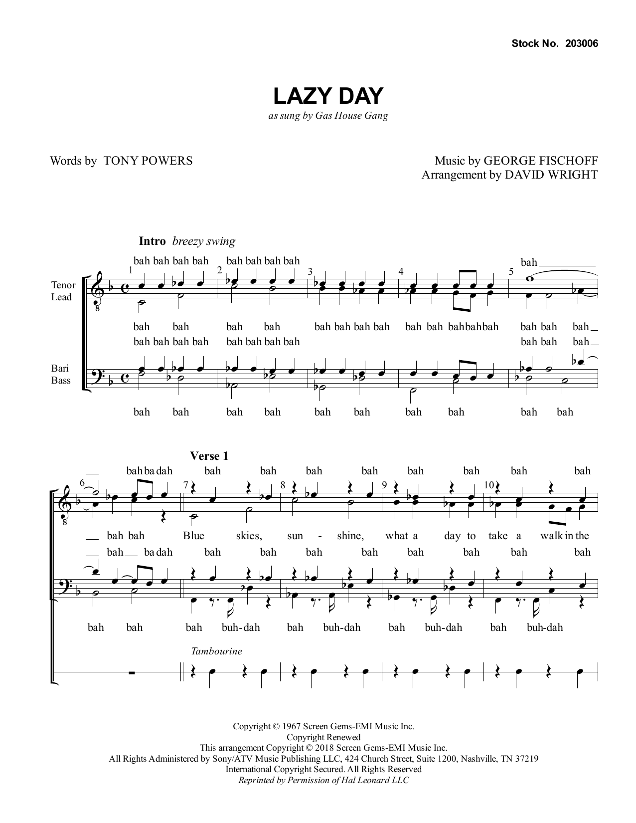 The Gas House Gang Lazy Day (arr. David Wright) Sheet Music Notes & Chords for SATB Choir - Download or Print PDF