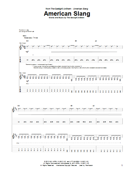 The Gaslight Anthem American Slang Sheet Music Notes & Chords for Guitar Tab - Download or Print PDF