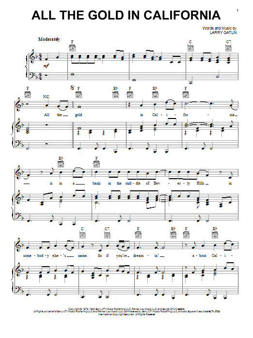 The Gatlin Brothers All The Gold In California Sheet Music Notes & Chords for Melody Line, Lyrics & Chords - Download or Print PDF