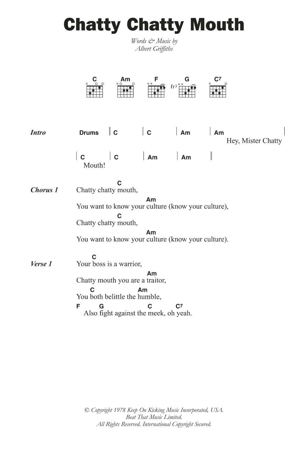 The Gladiators Chatty Chatty Mouth Sheet Music Notes & Chords for Lyrics & Chords - Download or Print PDF