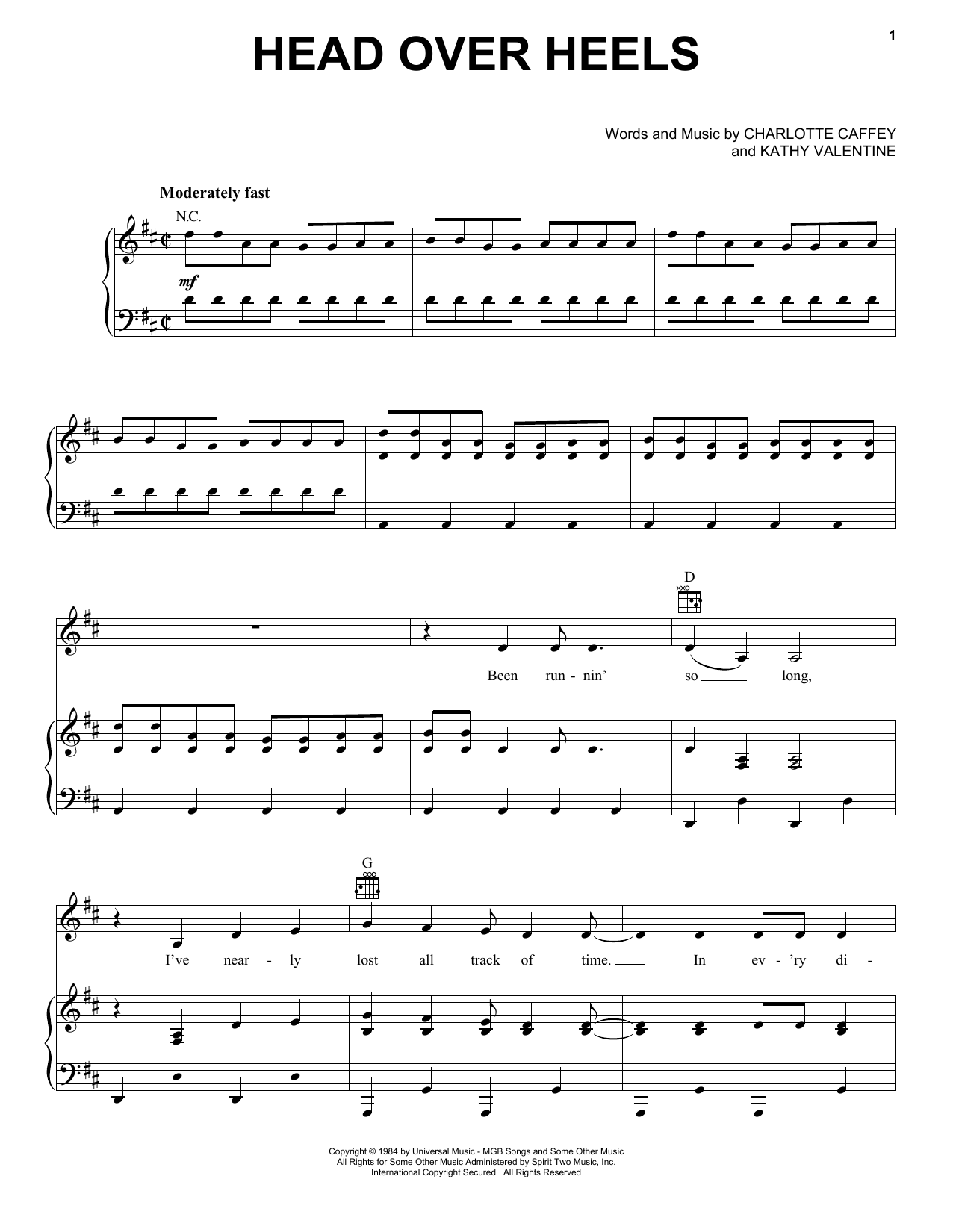 The Go-Go's Head Over Heels Sheet Music Notes & Chords for Piano, Vocal & Guitar (Right-Hand Melody) - Download or Print PDF