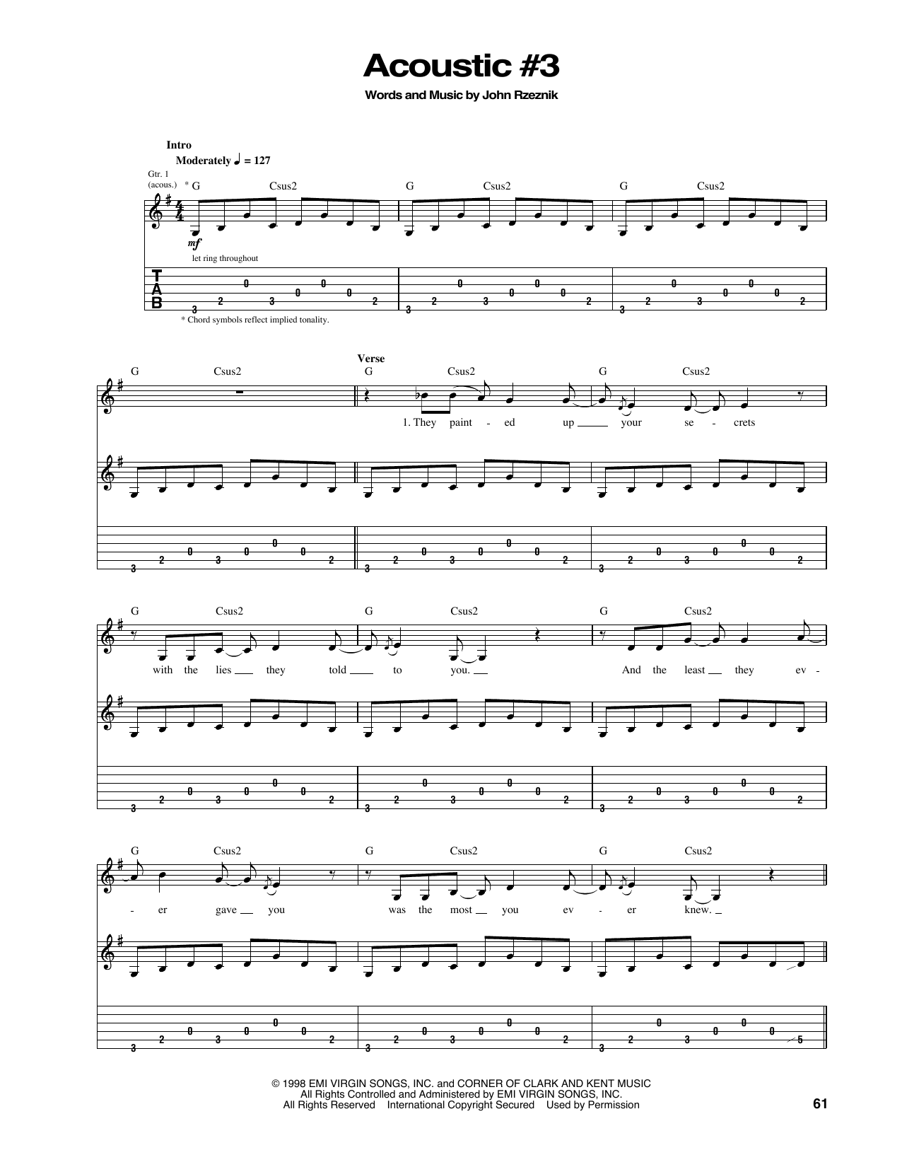 The Goo Goo Dolls Acoustic #3 Sheet Music Notes & Chords for Piano, Vocal & Guitar Chords (Right-Hand Melody) - Download or Print PDF