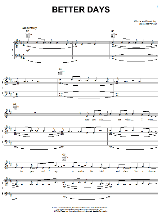 Goo Goo Dolls Better Days Sheet Music Notes & Chords for Piano, Vocal & Guitar (Right-Hand Melody) - Download or Print PDF