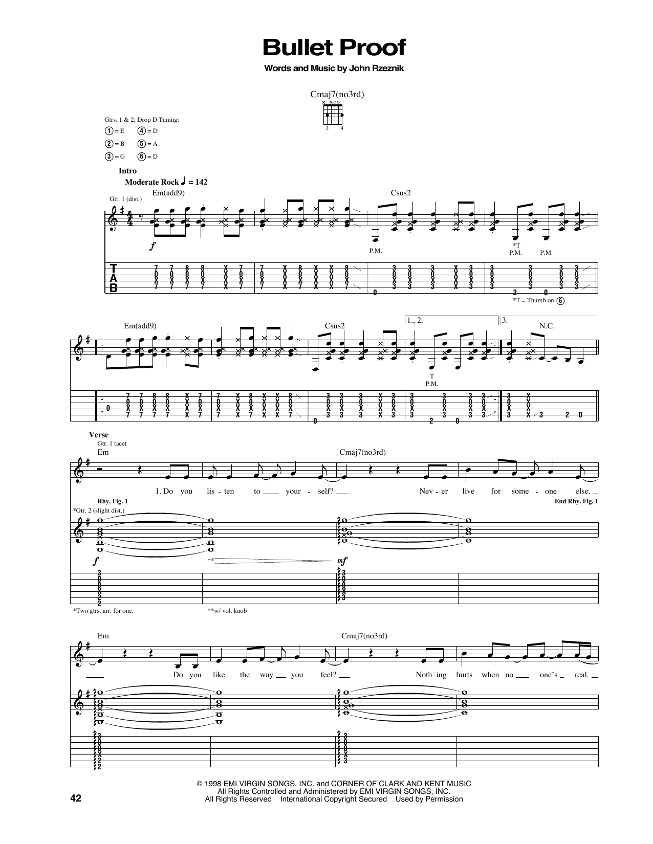 The Goo Goo Dolls Bullet Proof Sheet Music Notes & Chords for Piano, Vocal & Guitar Chords (Right-Hand Melody) - Download or Print PDF