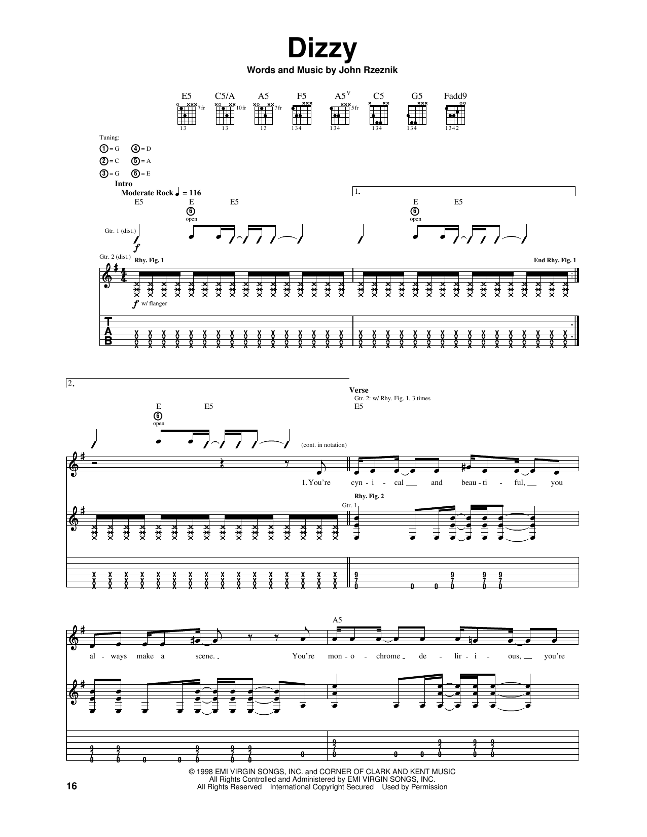 The Goo Goo Dolls Dizzy Sheet Music Notes & Chords for Piano, Vocal & Guitar Chords (Right-Hand Melody) - Download or Print PDF