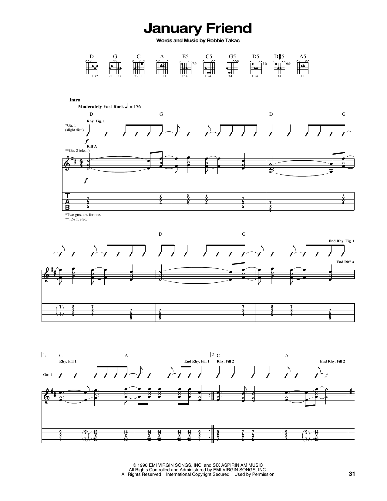 The Goo Goo Dolls January Friend Sheet Music Notes & Chords for Guitar Tab - Download or Print PDF
