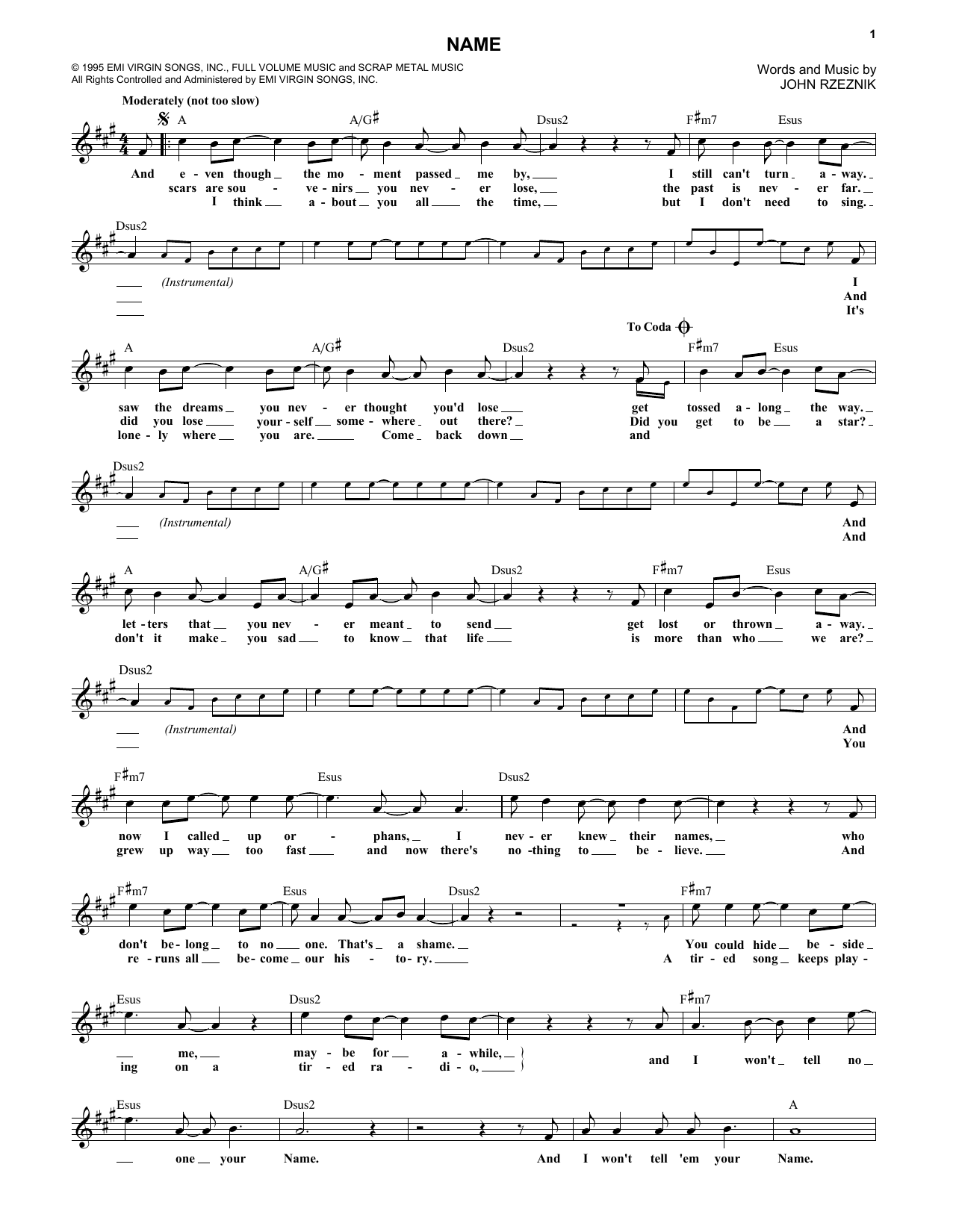 Goo Goo Dolls Name Sheet Music Notes & Chords for Melody Line, Lyrics & Chords - Download or Print PDF