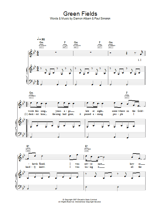 The Good, the Bad & the Queen Green Fields Sheet Music Notes & Chords for Lyrics & Chords - Download or Print PDF