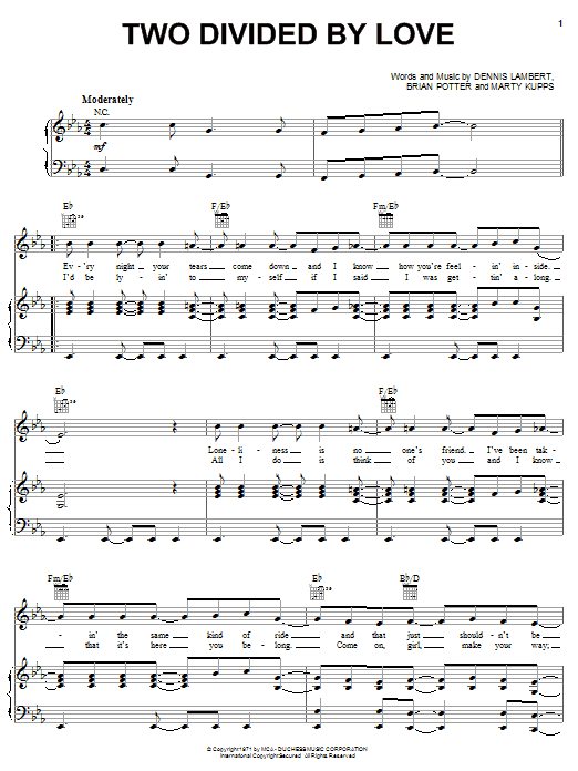 The Grass Roots Two Divided By Love Sheet Music Notes & Chords for Piano, Vocal & Guitar (Right-Hand Melody) - Download or Print PDF