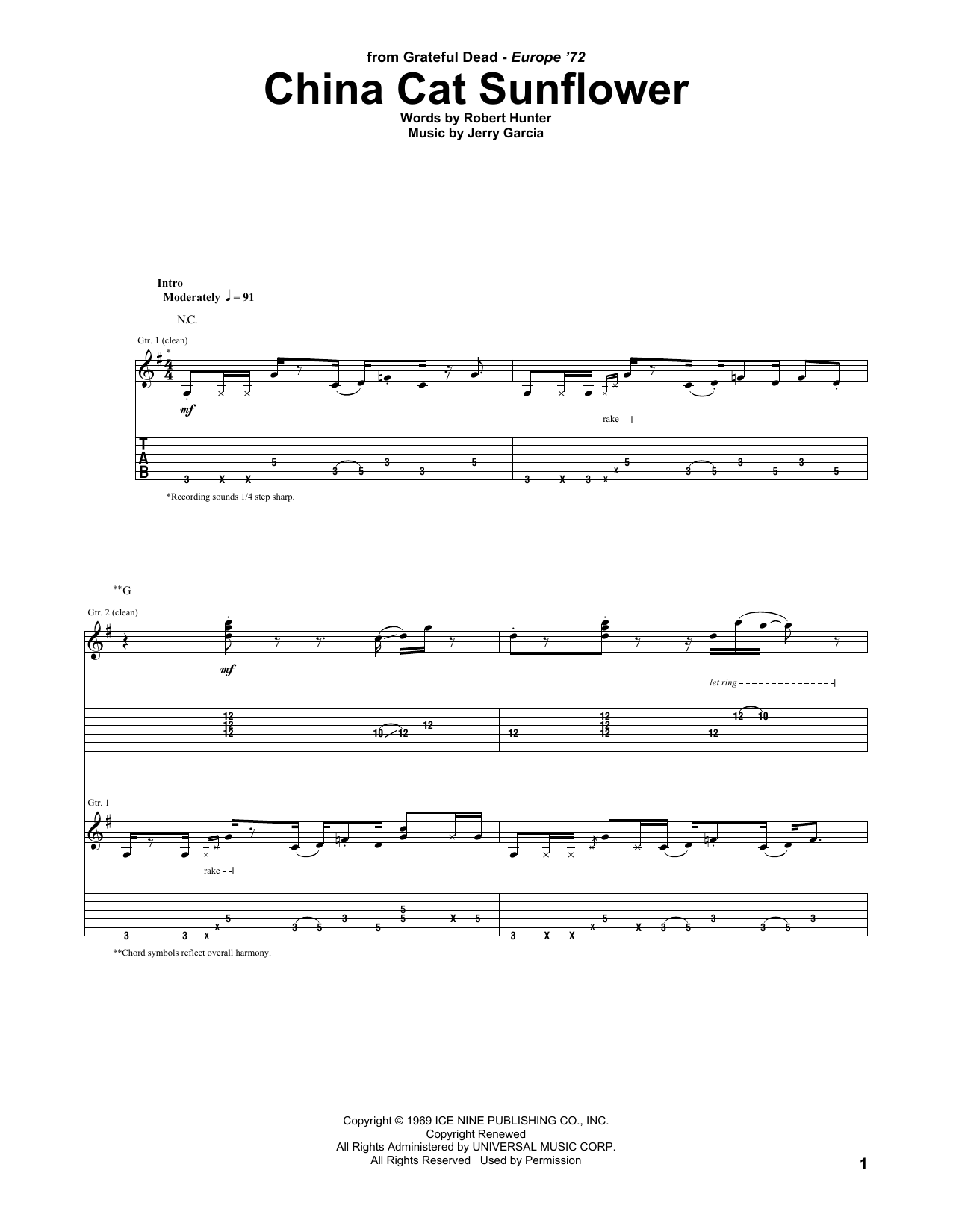 Grateful Dead China Cat Sunflower Sheet Music Notes & Chords for Piano, Vocal & Guitar (Right-Hand Melody) - Download or Print PDF