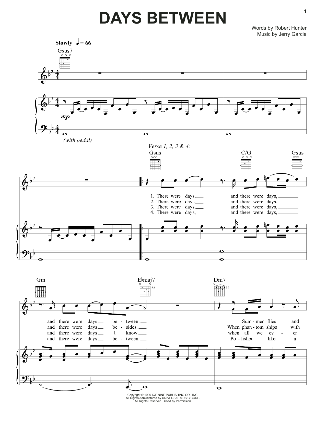 Grateful Dead Days Between Sheet Music Notes & Chords for Piano, Vocal & Guitar (Right-Hand Melody) - Download or Print PDF