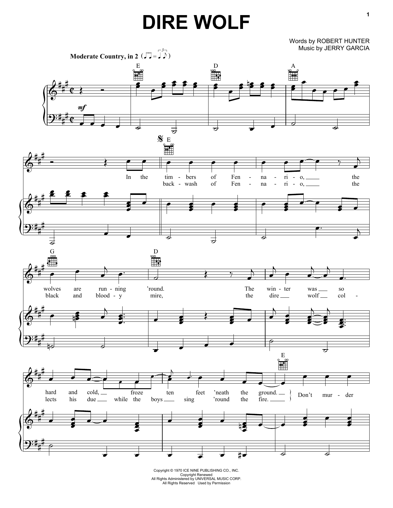 Grateful Dead Dire Wolf Sheet Music Notes & Chords for Piano, Vocal & Guitar (Right-Hand Melody) - Download or Print PDF