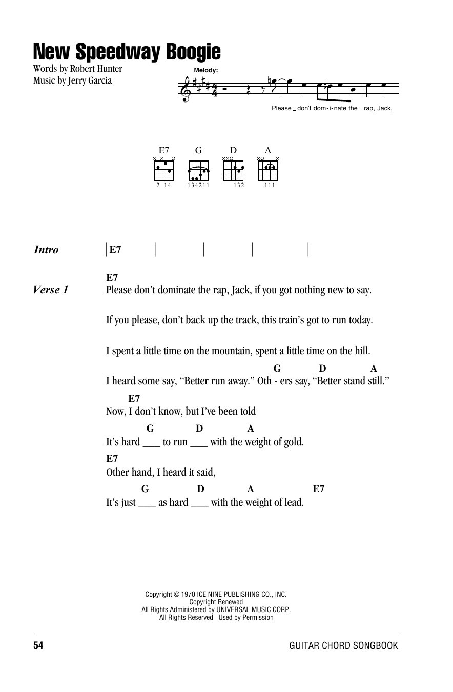 Grateful Dead New Speedway Boogie Sheet Music Notes & Chords for Lyrics & Chords - Download or Print PDF