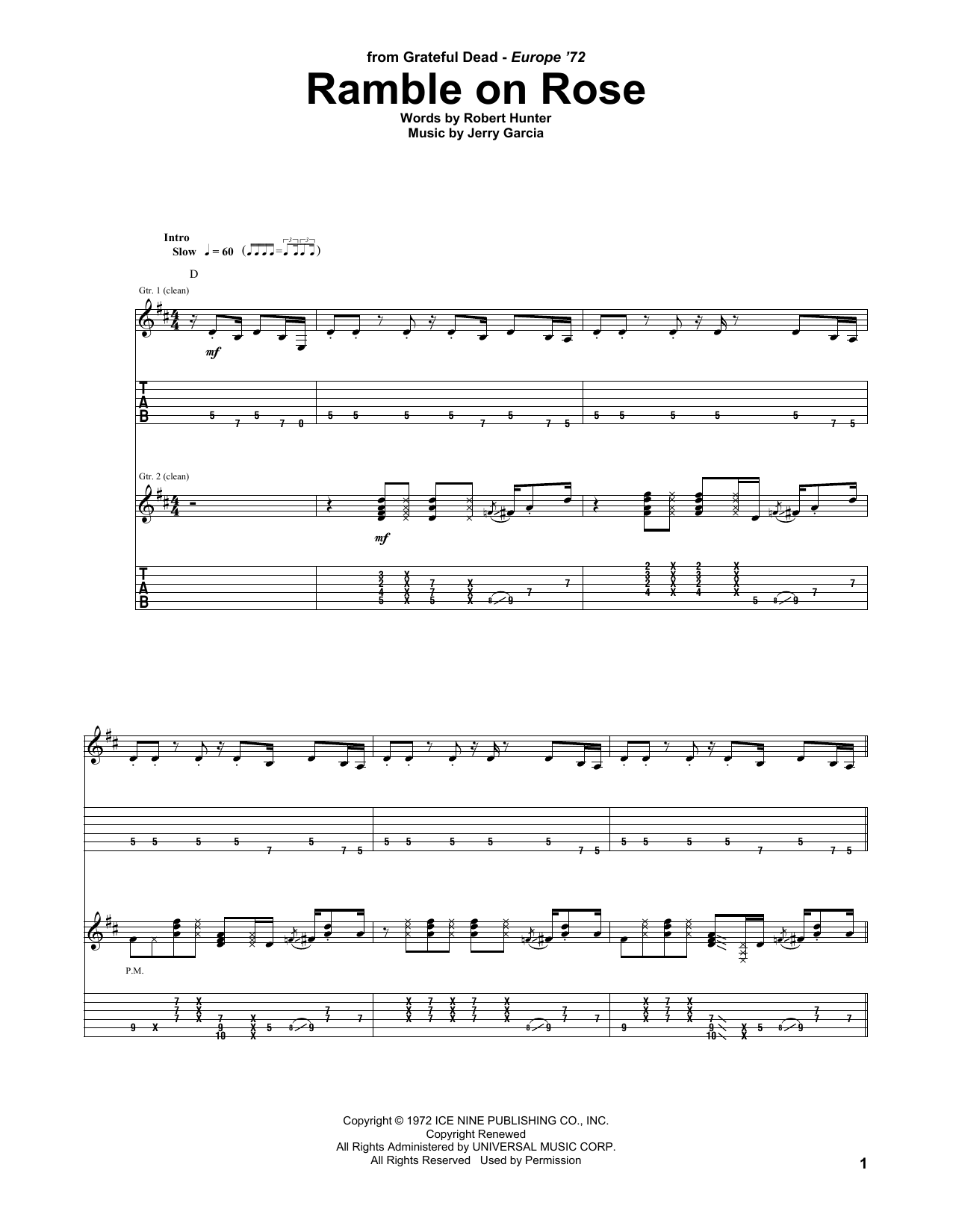 Grateful Dead Ramble On Rose Sheet Music Notes & Chords for Guitar Tab - Download or Print PDF
