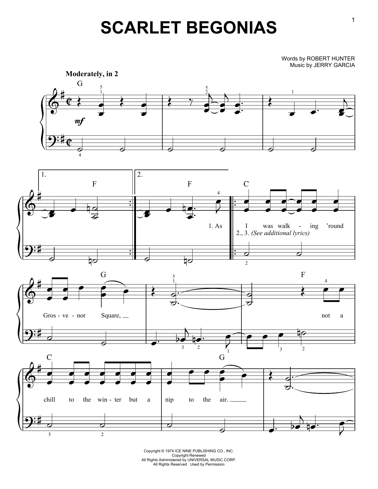 Grateful Dead Scarlet Begonias Sheet Music Notes & Chords for Easy Piano - Download or Print PDF